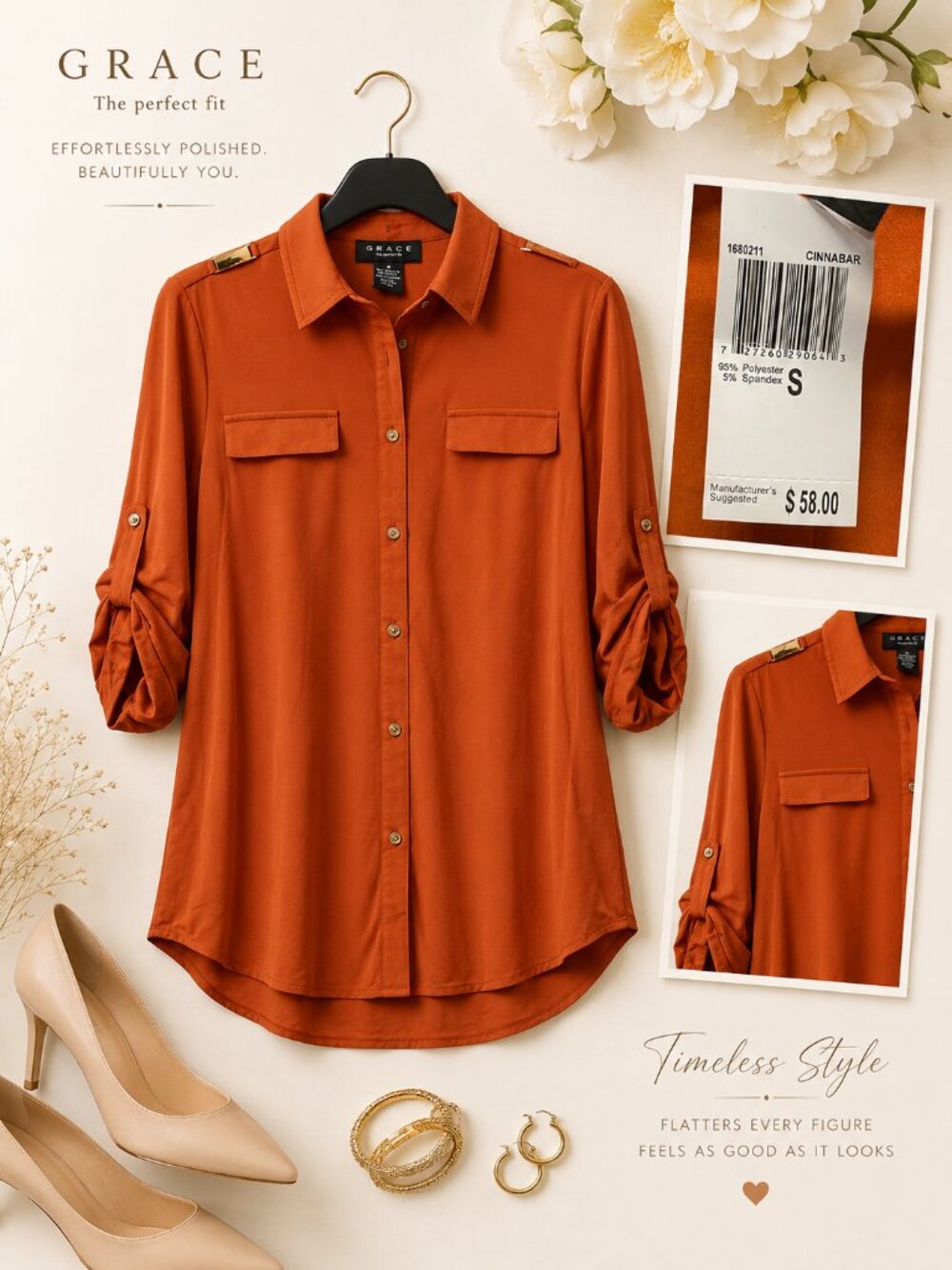 Grace Rust Satin Button Down Top Size XS NWT Classic Collared Blouse - Picture 2 of 6